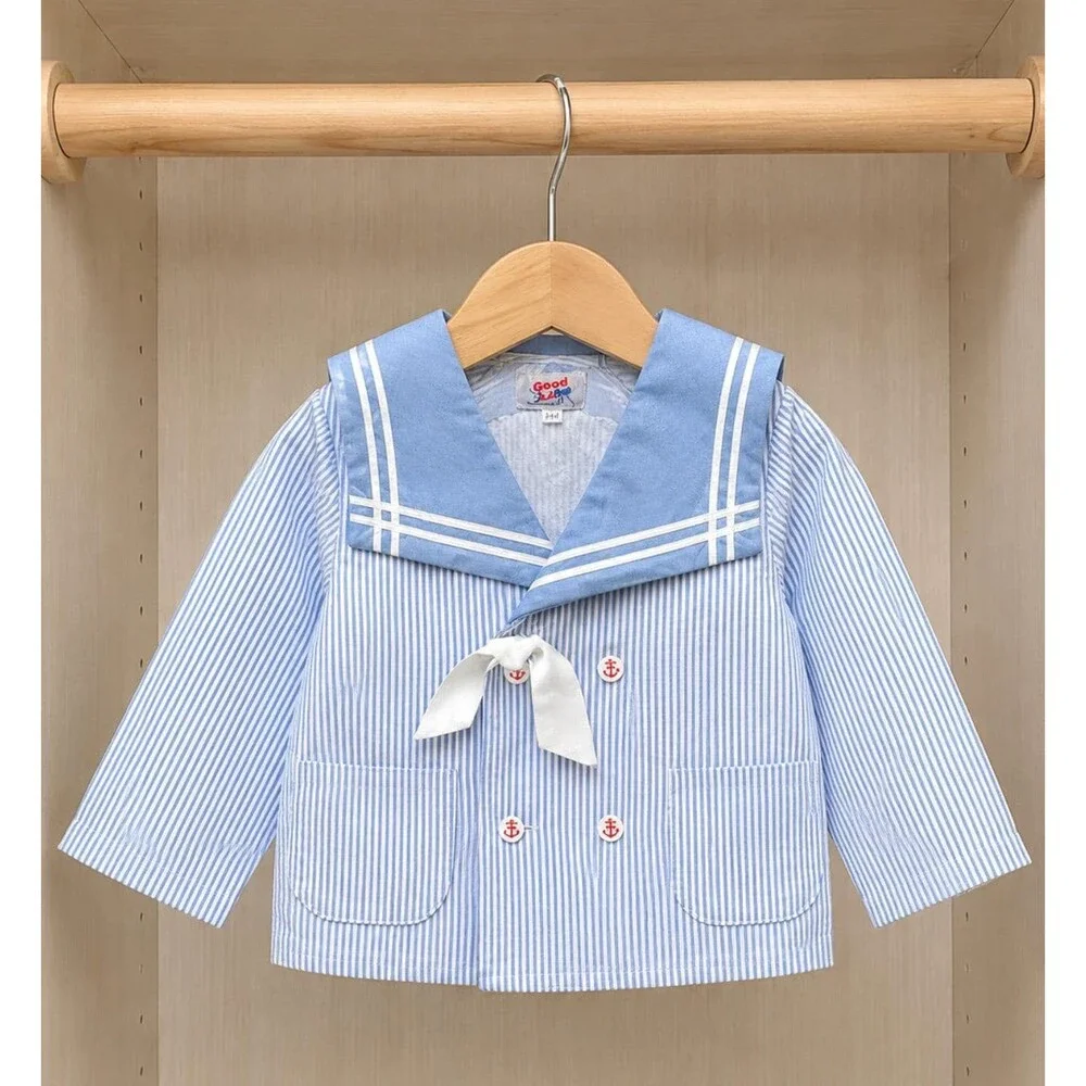 Vtg Good Lad Boys 3T Sailor Jacket Blue White Seersucker Nautical USA Outfit